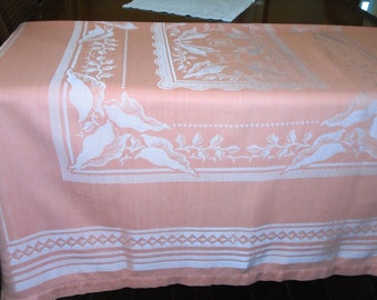 Damask Tablecloth. Silky Apricot Color, Satin Weave Caladium Leaf Center, Border. Hem Stitched. 72" x 54" Damask. Garden Tea Party, Weddings