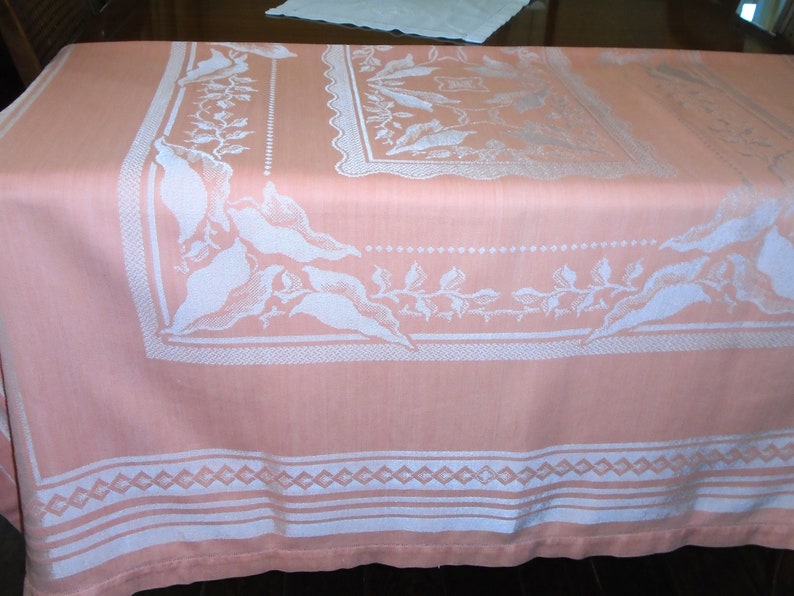 Damask Tablecloth. Silky Apricot Color, Satin Weave Caladium Leaf Center, Border. Hem Stitched. 72 x 54 Damask. Garden Tea Party, Weddings image 1