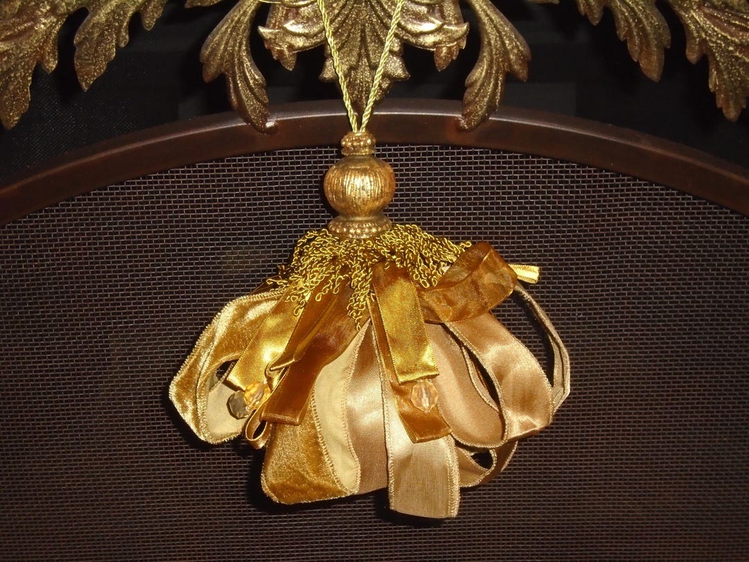 Big Ribbon Tassel, Gold Velvet, Satin, and Organdy Ribbons, W/gold Wood ...