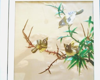 Silk Bird Picture, Suzhou Delicate Handmade Silk Embroidery Art. Wood Framed Art Taupe, Ivory, Brown and Green Silk, Thread 17" Frame
