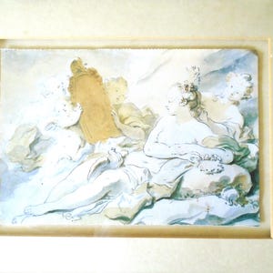 May include: A black and white drawing of a group of figures, including a woman holding a mirror, surrounded by clouds. The woman is wearing a crown of flowers and a flowing robe. The figures are depicted in a soft, ethereal style.