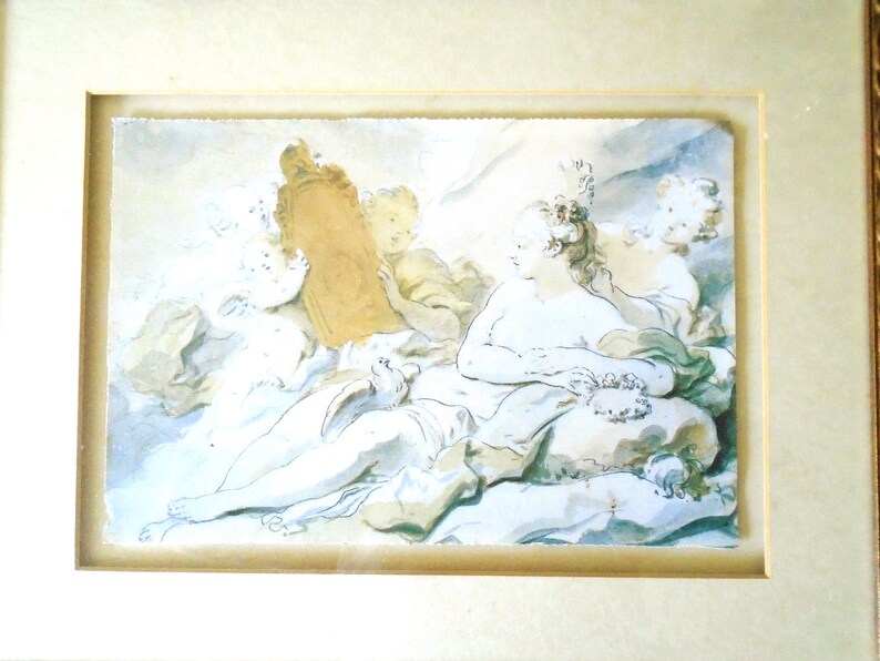 May include: A black and white drawing of a group of figures, including a woman holding a mirror, surrounded by clouds. The woman is wearing a crown of flowers and a flowing robe. The figures are depicted in a soft, ethereal style.