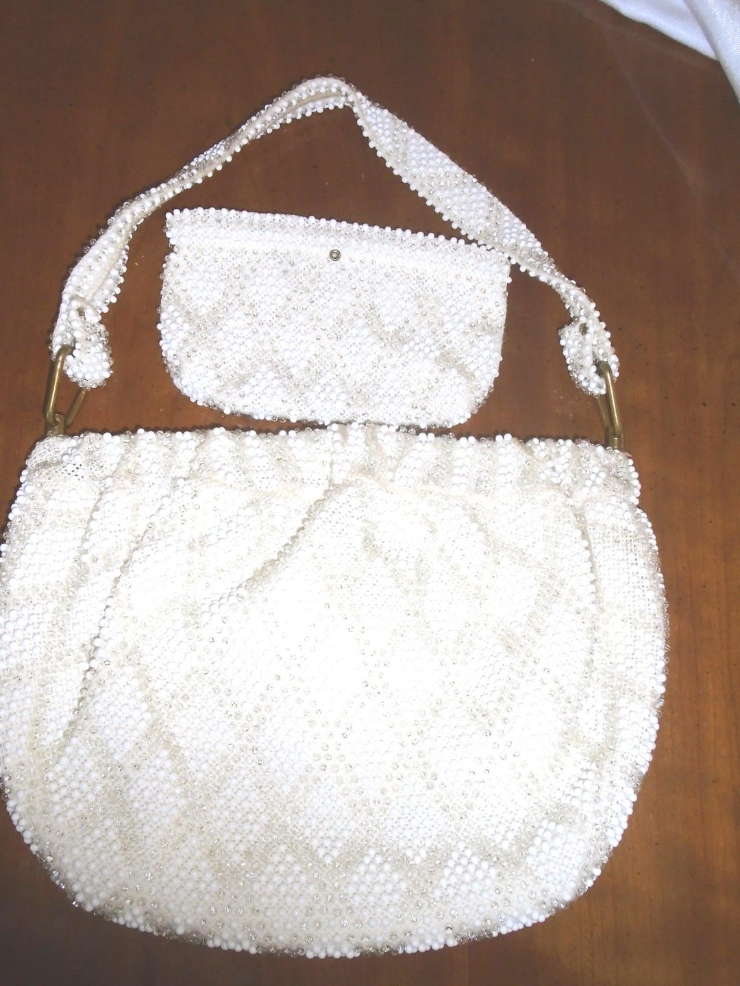 Beaded Flex Frame Purse, Zipper Change. Gorgeous White, Clear Bead ...