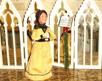 Byers Choice Woman Choir Director Conductor, Music Stand. Figurine is 13”T. Gold Moire Dress, Black Lace Sand Up Collar, Belt. Hard to find