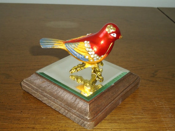 Trinket Box, Stunning Red Bird, Golden, Blue Tipped Wings, Red Bird, dazzling Swarovski Stones. Beautiful Dresser Decor3.5"w x 2.5" t
