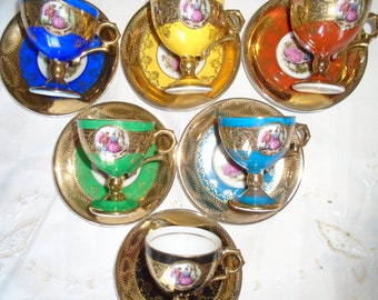 Royal Vienna Demitasse Pedestal Expresso Cup Saucer Sets. 6 Different Colors, Yellow, Black, Blue, Teal, Green, Rust.