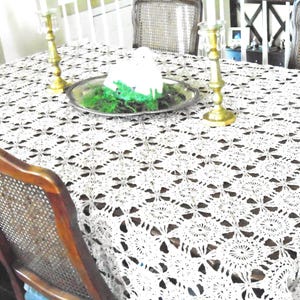 Crocheted Tablecloth, 65&quot; x 78&quot;, Ecru Medallion Design. Beautifully Crocheted Cloth, Very Fine Condition.