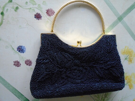 Black Beaded Handbag, Evening Purse, Gold Metal H… - image 3