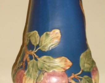 Weller Art Pottery Vase. Blue Baldin Apple Tree Planter Garden Urn Vase. Warm and nostalgic earthy blue and apple tone colors, 11.5".