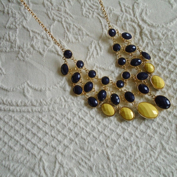 Waterfall Teardrop Necklace, Navy Blue Reverse Yellow, Acrylic Reversable Necklace. Goldtone Chain.