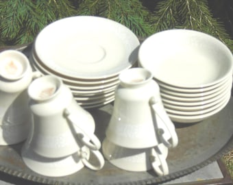 Pickard Brocade, 7 Fruit/Dessert Bowls, 6 Cups and Saucers. White on Ivory.
