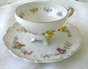 German Bisque Porcelain, 3 Demensional Florals Demitasse Cup and Saucer. Demitasse Cup and Saucer.  ISCO GERMANY, Florals