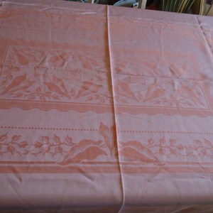 Damask Tablecloth. Silky Apricot Color, Satin Weave Caladium Leaf Center, Border. Hem Stitched. 72 x 54 Damask. Garden Tea Party, Weddings image 5