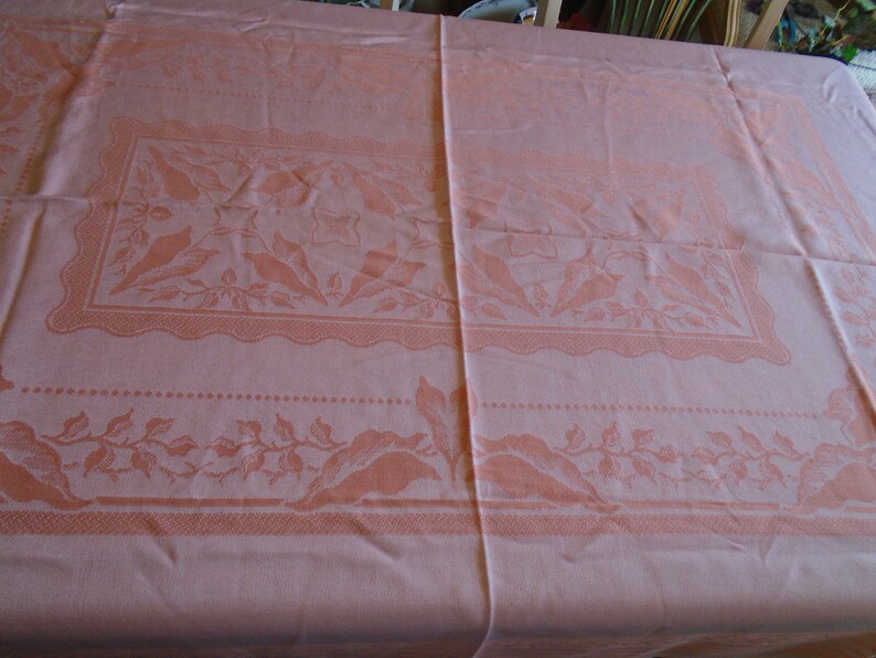 Damask Tablecloth. Silky Apricot Color, Satin Weave Caladium Leaf Center, Border. Hem Stitched. 72 x 54 Damask. Garden Tea Party, Weddings image 5