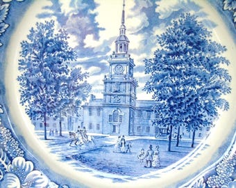 Staffordshire Liberty Blue Dinner plate. Independence Hall Copper Engraving, Historic Scenes, Ironstone