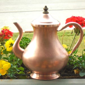 May include: A polished copper teapot featuring a curved spout, a rounded body, and a matching lid with a small, dark, pointed finial. The teapot has a wide handle on the right side and a flared base, showcasing a smooth, metallic finish throughout.