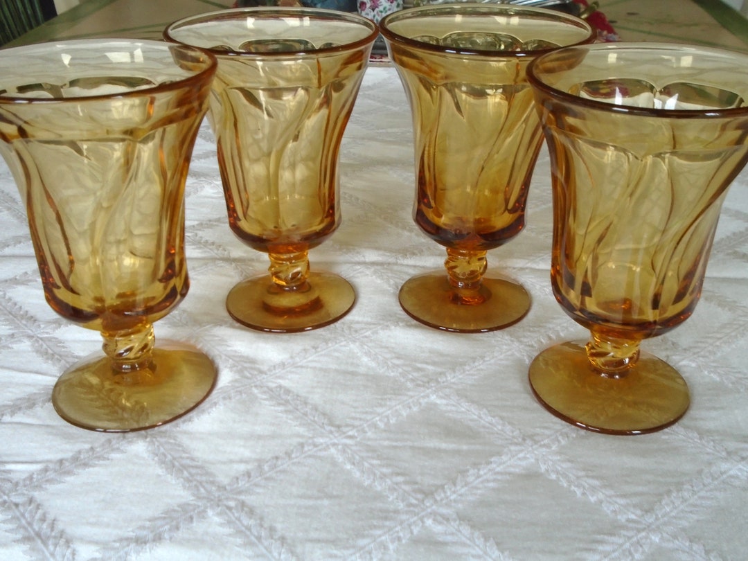 Fostoria Jamestown Amber Iced Tea Goblets, Set of Four, Heavy Pressed Elegant Glass Swirl