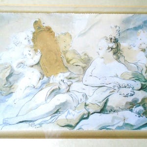 Deckle Edge Repro.La Toilette de Psyché c.1768 Fragonard, Jean Honor. Ethereal Art Nouveau, Lady in Mirror Art Cherubs Hold Mirror France