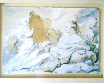 Deckle Edge Repro.La Toilette de Psyché c.1768 Fragonard, Jean Honor. Ethereal Art Nouveau, Lady in Mirror Art Cherubs Hold Mirror France