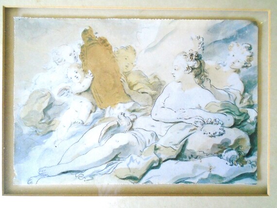 Deckle Edge Repro.La Toilette de Psyché c.1768 Fragonard, Jean Honor. Ethereal Art Nouveau, Lady in Mirror Art Cherubs Hold Mirror France