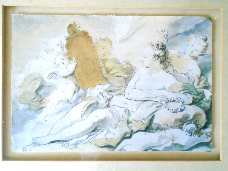 May include: A watercolor painting depicting a group of figures in a landscape setting. The central figure is a woman with long hair, wearing a flowing gown and holding a mirror. She is surrounded by other figures, including a cherub holding a mirror and a figure with a crown. The painting is done in shades of blue, green, and brown.
