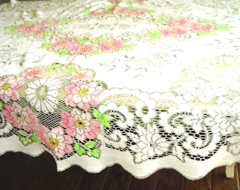 Lace Floral Tablecloth, Pinks and Bright Green. 70" x 56" Oval
