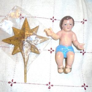 Baby Jesus and 8-Pointed Gold Star. Hand Painted 5&quot; Baby, Blue Cloth, Dark Hair and Gold Sandals. Originally from a set from Italy.