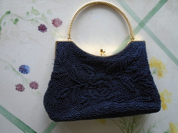 Black Beaded Handbag, Evening Purse, Gold Metal H… - image 5