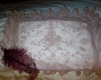 Antique French Tambour Lace Boudoir Pillow, or Wedding Pillow,. Pink lace ruffles, so feminine and romantic. 20" x 15".