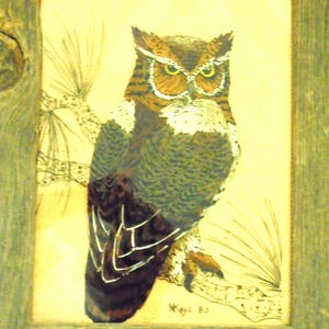 Reverse Glass Owl Framed Art. by N Kayne 83'. 17"x 14", Natural wood framed art, Burlap background. Glass 8.5"x11.5".