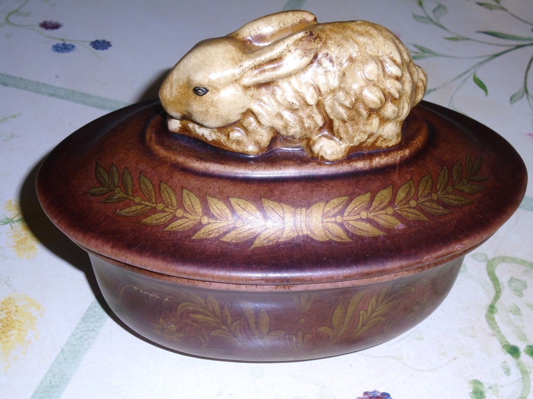 Oval Rabbit Bowl, Chocolate Brown Ornamental Decorative Rabbit Lidded ...