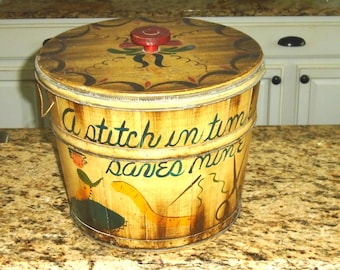 Wooden Bucket Hand Painted Folk Art. Stitch in time saves nine". Pennsylvania Dutch Designs. Painted Maiden, Needle, Scissors,