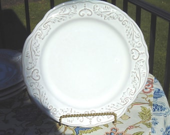 World Market White Provencal Dinner Plate. Embossed Scroll Border. Portugal 12" Stoneware