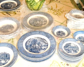 Royal China Currier & Ives Plates, Bowls, Dessert. - Blue Transferware Ironstone