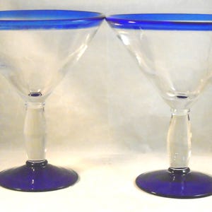 Martini /Margarita Glass Cobalt Blue Rim. Large Glass 7.5” Tall x 6.5&quot; Wide. Cobalt 3.7/8&quot; base. Party Fun
