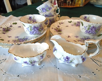 Hammersley Victorian Violets, England's Countryside Fluted Snack Tea Set, Bone China, 13 Pieces. Fluted Cups and Plates, Rare.