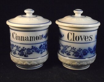 2 Piece Set, Blue Onion CINNAMON, CLOVES, Spice Jars with Lid Blue & White Pottery. Antique Rare Shape, Germany, Spice Storage Canister.