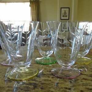 Parfait/Iced Tea Glasses ~ Five (5) Pastels, 2 Pink, 2 Yellow, 1 Green. Easter Table, Etched Crystal, Beautiful,Transitional period etching