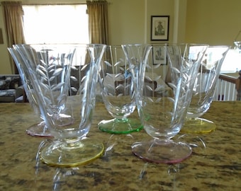 Parfait/Iced Tea Glasses ~ Five (5) Pastels, 2 Pink, 2 Yellow, 1 Green. Easter Table, Etched Crystal, Beautiful,Transitional period etching
