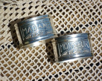 Monsiuer and Madame, Napkin Rings~ Perfect For Your Sweethearts Table. Two (2) Silverplated. Wedding Day. Vive le Mariage!