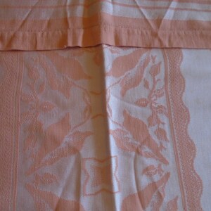 Damask Tablecloth. Silky Apricot Color, Satin Weave Caladium Leaf Center, Border. Hem Stitched. 72 x 54 Damask. Garden Tea Party, Weddings image 9