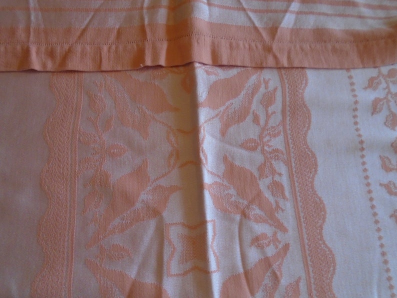 Damask Tablecloth. Silky Apricot Color, Satin Weave Caladium Leaf Center, Border. Hem Stitched. 72 x 54 Damask. Garden Tea Party, Weddings image 9
