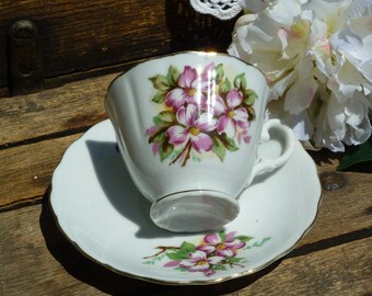 Pink Dogwood Blossom Tea Cup Set. Delightful Spring Dogwood Blossom inside cup, Gold Scalloped Trim. Perfect for Granddaughter's to join in