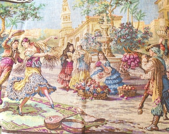Arabian Middle Eastern Tapestry 38"x19", Made in Belgium. Dancing Couple, Women at Fountain w/Fans, Gentlemen and Horses, Stunning Colors