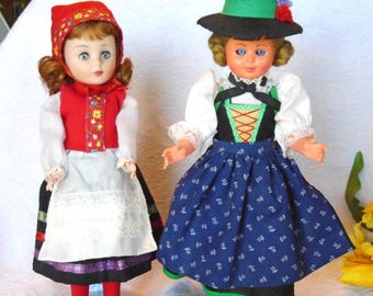 Scandinavian Dolls Choice,  Felt Hats, Red Hat and Vest or Black Vest, Blue Skirt Socks, Black Shoes. Tyrolean Dolls