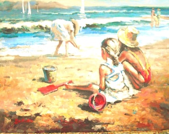 Claude-Marie Buford Beach Oil Painting, Mother and Daughters, 20x24 Canvas