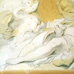 May include: A black and white drawing of a woman reclining with a dove on her lap. The woman is wearing a white dress and has long flowing hair. The dove is perched on her lap and has its wings spread out. The drawing is done in a soft, delicate style.