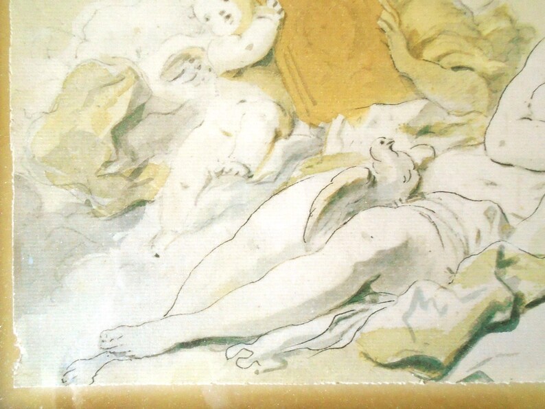May include: A black and white drawing of a woman reclining with a dove on her lap. The woman is wearing a white dress and has long flowing hair. The dove is perched on her lap and has its wings spread out. The drawing is done in a soft, delicate style.