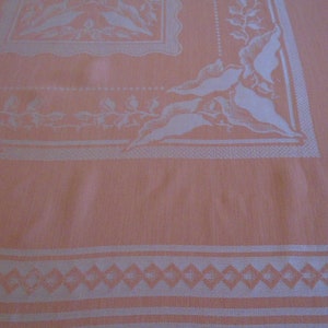 Damask Tablecloth. Silky Apricot Color, Satin Weave Caladium Leaf Center, Border. Hem Stitched. 72 x 54 Damask. Garden Tea Party, Weddings image 2