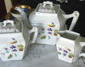 Antique Leonard Vienna Wild Violets, Tea Set,  Teapot, Sugar Bowl, Creamer. 6 Cup, Square, Embossed, Gold Trim.
